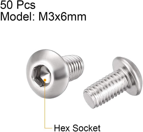 uxcell M3x6mm Machine Screws, Hex Socket Round Head Screw, 304 Stainless Steel Fasteners, 50pcs
