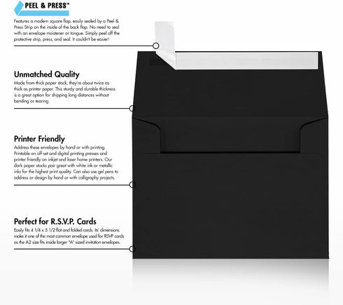 LUXPaper A2 Invitation Envelopes | Peel & Press | 4 3/8" x 5 3/4" | Midnight Black | 80lb. Text | 50 Qty
