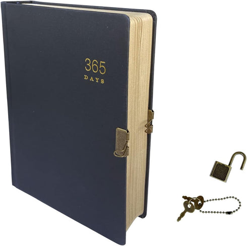 Vintage 365 Journal with Lock and Key, A5 Black Hardcover Diary for Adults, Men, Women