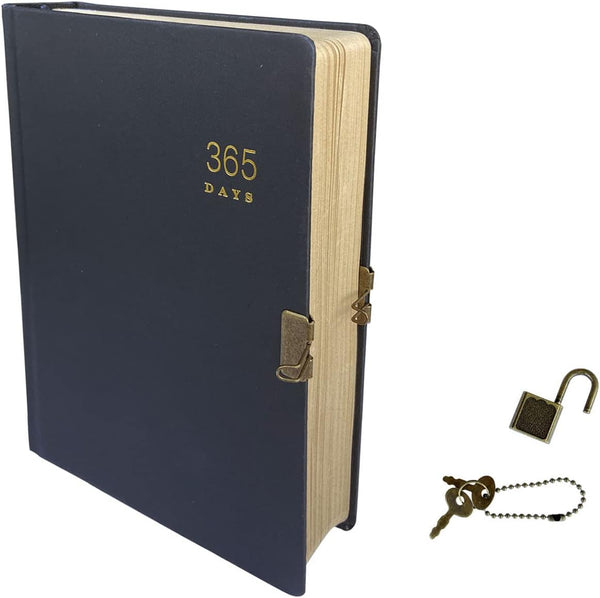 Vintage 365 Journal with Lock and Key, A5 Black Hardcover Diary for Adults, Men, Women