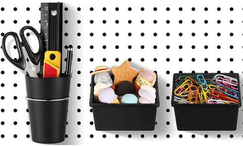 16pcs Black Pegboard Cups and Peg Hooks, Square Box Shape 1/4" 1/8" Cup Holder Accessories for Garage Craft Storage