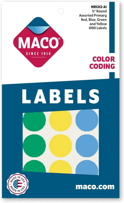 MACO Assorted Primary Round Color Coding Labels, 3/4 Inches Diameter, 1000 Per Box (MR1212-A1)