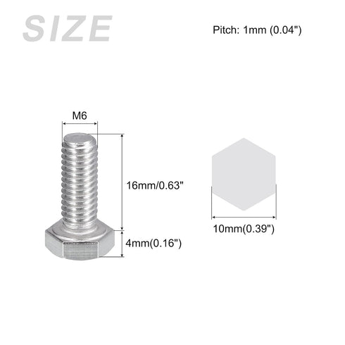 Hex Bolts (M6-1x16mm) 50Pcs, 304 Stainless Steel Coarse Fully Threaded Hex Head Screw Bolts for Furniture Repair