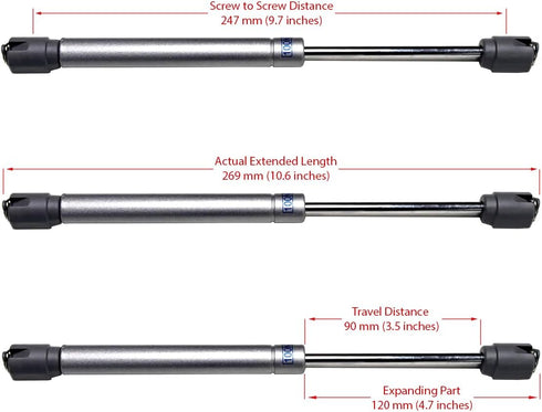 Berta 2-Pack 10 Inch 100N/22 LB Hydraulic Soft Open Gas Springs for Cabinets, Furniture, and RV Platforms (Silver)