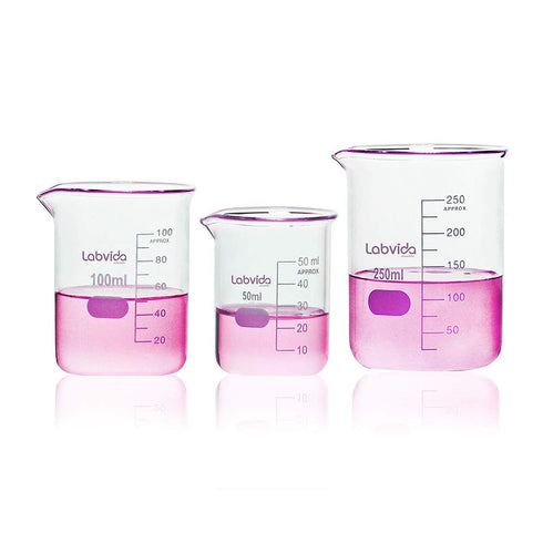 Upgrated 3 Size Low Form Beaker Set, 50ml 100ml 250ml, 3.3 Boro Glass Beakers with Printed Graduation