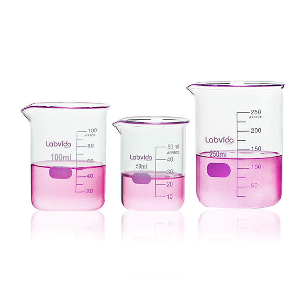 Upgrated 3 Size Low Form Beaker Set, 50ml 100ml 250ml, 3.3 Boro Glass Beakers with Printed Graduation