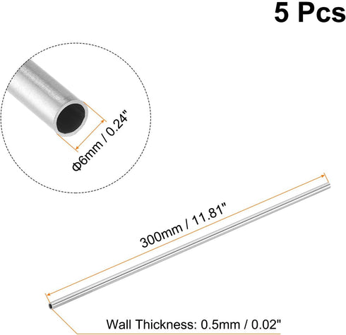 uxcell 5Pcs 304 Stainless Steel Tube, OD 6mm x 0.5mm Wall Thick 300mm Length Capillary Metal Tubing for Industry Machinery