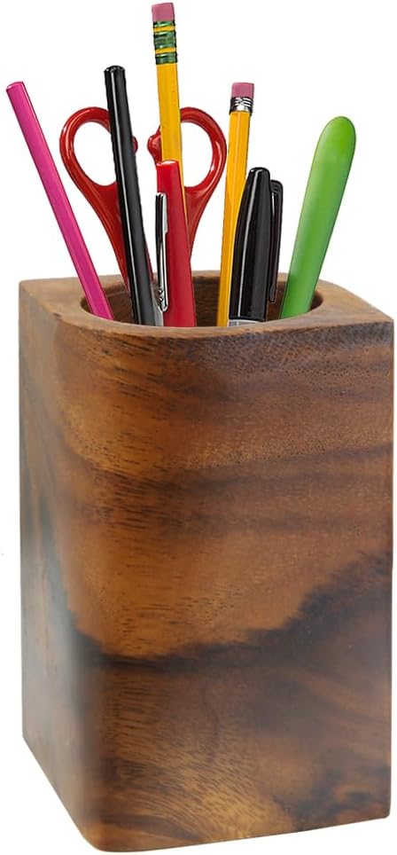 Winterworm Olivary Wooden Pencil Holder, Walnut Wood Pen Container, Makeup Brush Holder, Desk Accessories for Home