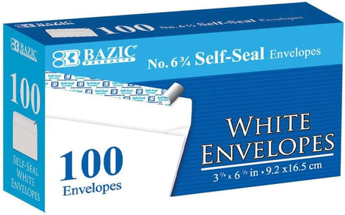 BAZIC Self Seal White Envelope 3 5/8" x 6 1/2" #6, No Window Mailing Envelopes, Peel & Seal Mailer (100/Pack)