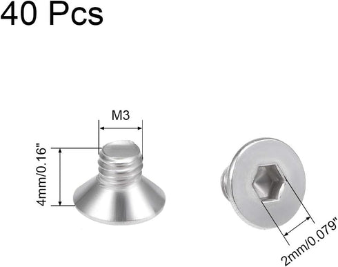 uxcell M3x4mm Flat Head Machine Screws - 304 Stainless Steel Fasteners Bolts, 40Pcs