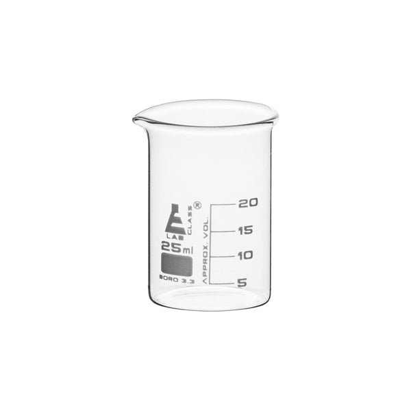 EISCO 12PK Beakers, 25ml - Griffin Style, Low Form with Spout, Borosilicate 3.3 Glass