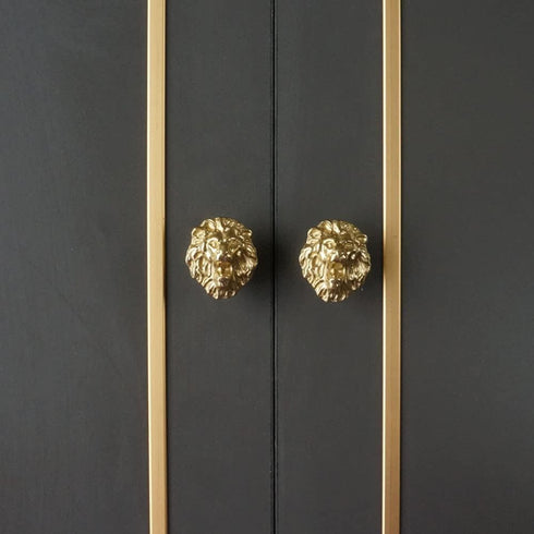 Wwxuanke Lion Door Knob, Brass Lion Head Knob, Creative Animal Knob for Wardrobe and Cabinet, 2 Pack Gold