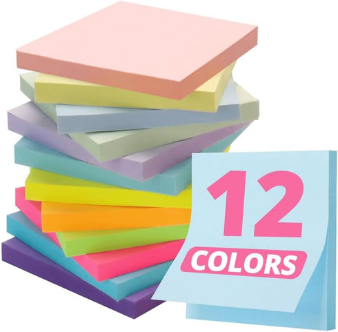 Sticky Notes, 12 Pads, 3x3 inches, Colorful Self-Stick Note Pads for Office, Study, Daily Life Organization - Soft