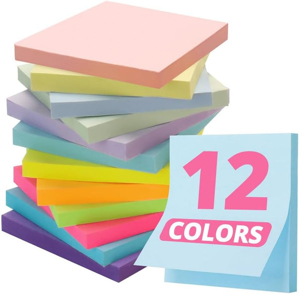 Sticky Notes, 12 Pads, 3x3 inches, Colorful Self-Stick Note Pads for Office, Study, Daily Life Organization - Soft