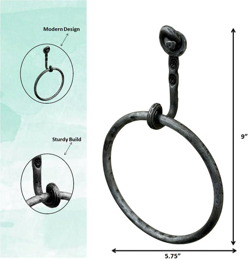 Hand Forged Knot Metal Towel Ring, Wrought Iron Handmade Wall Mounted Holder, Black Antique Finish