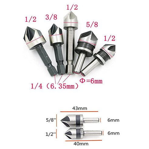 Chiloskit 5pc 5 Flutes 82 Degree Chamfer Countersink Deburring Drill Bit Set for Wood Metal Plastic Tool Kit