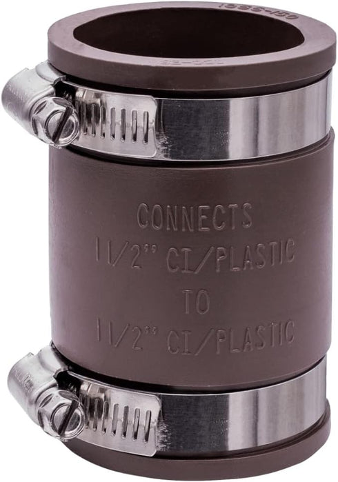 Fernco 1056-150 1-1/2-in. Flexible PVC Pipe Coupling for Cast Iron and Plastic Plumbing Connections in Brown