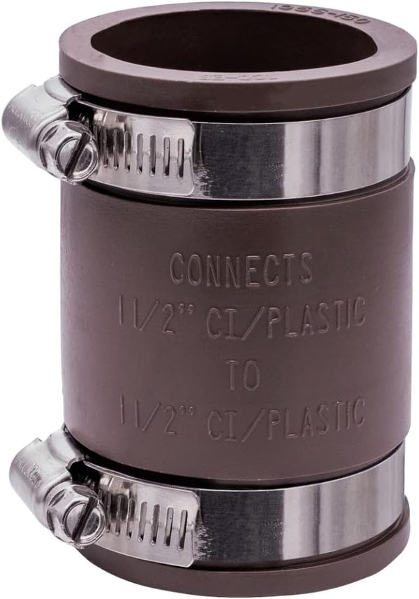 Fernco 1056-150 1-1/2-in. Flexible PVC Pipe Coupling for Cast Iron and Plastic Plumbing Connections in Brown