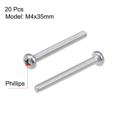uxcell M4x35mm Machine Screws - Pan Phillips Cross Head Screw, 304 Stainless Steel Fasteners, 20Pcs