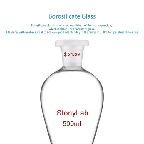 StonyLab Borosilicate Glass 500 ml Heavy Wall Conical Separatory Funnel with 24/29 Joints and PTFE Stopcock