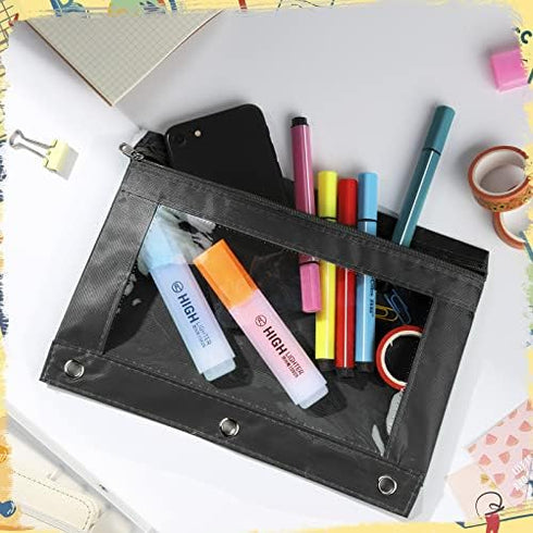 Marspark 48 Pieces 3 Ring Pencil Pouch, Pencil Bag Zipper Pouches for 3 Ring Binder, Bulk Pencil Cases with Clear
