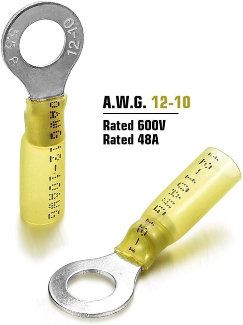 100PCS Heat Shrink Crimp Ring Connectors, 5/16" Yellow, 12-10 AWG, Sopoby Electrical Connectors