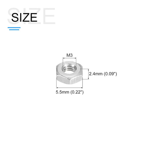 Hex Nuts (M3x0.5mm) 100Pcs, Carbon Steel Metric Coarse Thread Electroplating Hexagon Nut Hardware - for DIY Home Repair Machinery, Silver