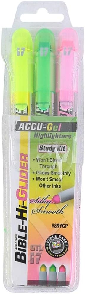GT Luscombe Accu-Gel Bible Highlighter Study Kit, Hi-Glider, Pack of 3, Multi