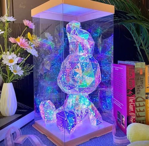Aladdinas LED Teddy Bear Night Light, Holographic Iridescent Design, Nursery Decor Display Box with Ribbon (Bunny