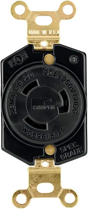 EATON L620R Hard Cw Ground Lock Single Electrical Receptacle, 250 Vac, 20 A, 2 Pole, 3 Wire, Black and White