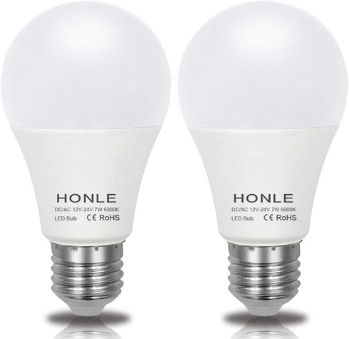 Honle E26 E27 LED Light Bulbs 12V 24V 7W A19 Daylight White 6000K Standard Edison Base 60W Equivalent, 2 Pack