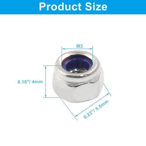100Pcs M3 Nylon Lock Nut, 304 Stainless Steel Nylon Insert Locknuts, Non-Slip Hex Lock Nuts, Silver Tone