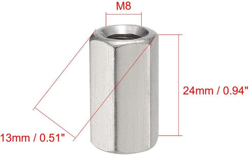 uxcell M8 X 1.25-Pitch 24mm Length 304 Stainless Steel Metric Hex Coupling Nut, 2-Pack