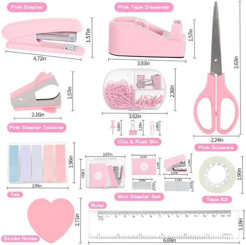Pink Stapler and Tape Dispenser Set, Office Supplies Kit with Staple Remover, 1000 Staples, Clips, Tape, Scissors, Tabs