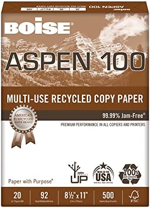 Boise 100 1 (8.5" 11"), 500 20 Lb, 92 ASPEN Multi-Use Printer & Copy Paper, Ream, White, Letter x Sheets Per Ream, Bri