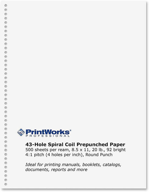 PrintWorks Professional Prepunched Paper, 8.5 x 11, 20 lb, 500 Sheets, 43-Round Hole Spiral Coil (04144)