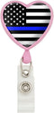 Thin Blue Line American Flag Heart Lanyard, Retractable Reel Badge ID Card Holder - Pink