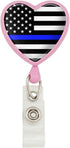 Thin Blue Line American Flag Heart Lanyard, Retractable Reel Badge ID Card Holder - Pink