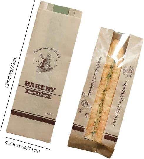 Urier 50 Window,13"Baguette Packaging Packaging Pieces French Baguette Paper Bags with Bag,Paper Bags with Window,Heat