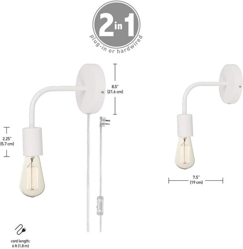 51489 1-Light 6ft Bulb GLOBE Electric Plug-in or Hardwired Wall Sconce, Matte White, Clear Cord, Inline On/Off Rocker