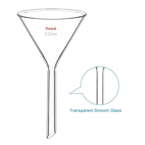 StonyLab 2-Pack Glass Heavy Wall Funnel, Borosilicate Glass Funnel, Short Stem 50mm Diameter