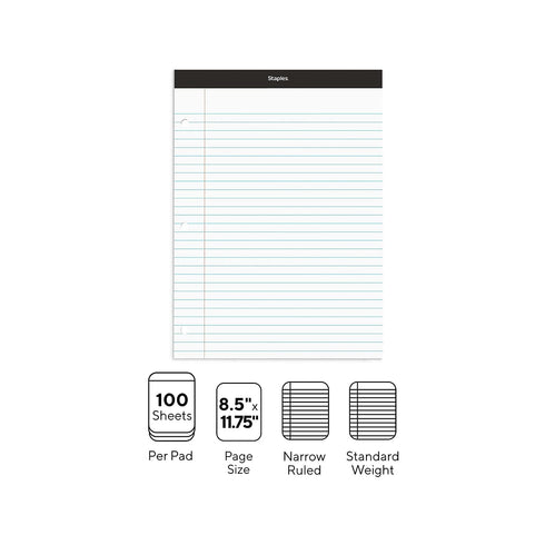 by STAPLES 8.5 11.75, 3Pack STAPLES Notepads, x Narrow Ruled, White