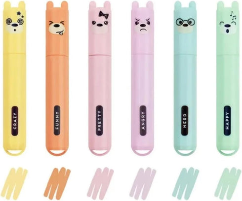 LEGAMI Teddy’s Style Set, 6 Mini Highlighters, Yellow, Peach, Pink, Lilac, Light Blue, Light Green for Highlighting