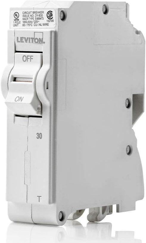 Leviton LB130-T 30A 1-Pole Plug-On Standard Branch Circuit Breaker, Thermal Magnetic, 120 VAC, White