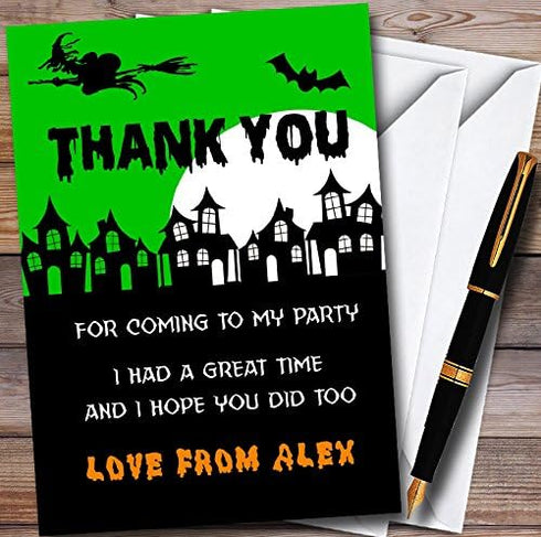 The Card Zoo Green Scary Haunted Houses Personalized Halloween Party Thank You Cards