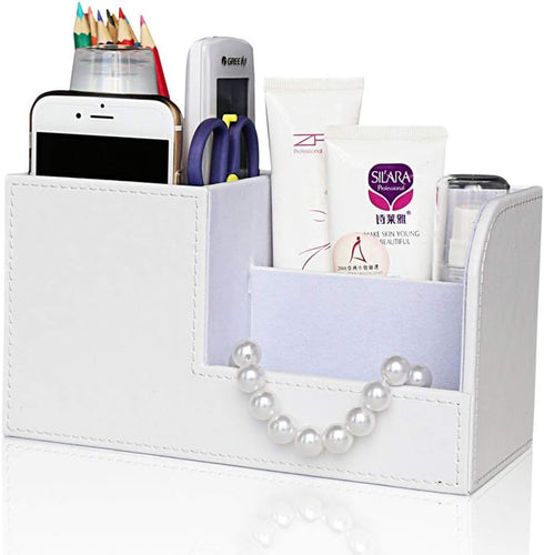 KINGFOM White Desk Organizer Caddy - Multi-function Pu Leather Storage Box for Office Supplies, Pens, Cell Phone,