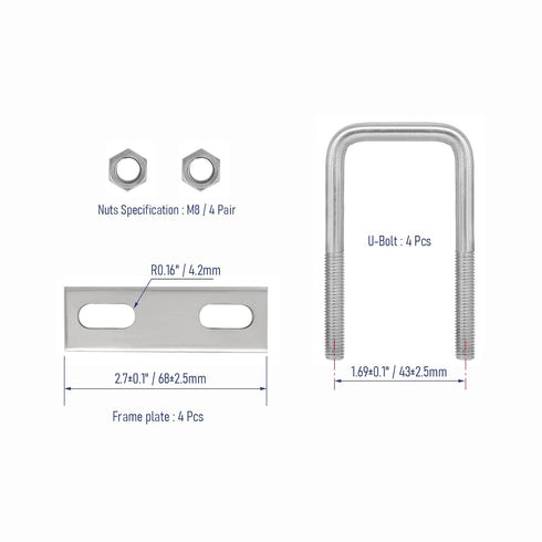4 Sets 304 Stainless Steel Square U-Bolts, 1-3/8"(35mm) Inner Width, Accessories for Automobiles Trailer, Boat