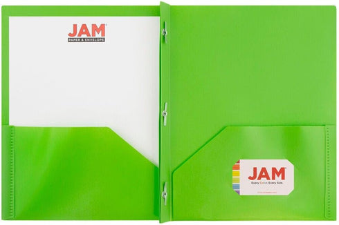 JAM PAPER Plastic 2 Pocket School POP Folders with Metal Prongs Fastener Clasps, Lime Green, 3/Pack