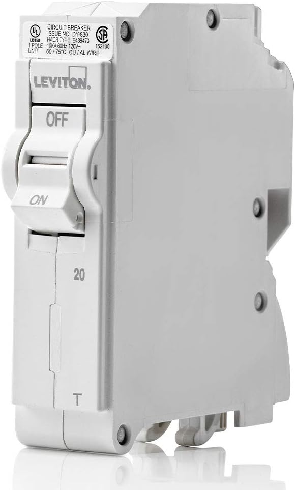 Leviton LB120-T 20A 1-Pole Plug-On Standard Branch Circuit Breaker, Thermal Magnetic, White