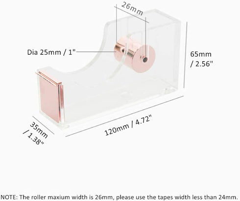 Rose Gold Tape Dispenser, Clear Acrylic Body, 1" Rosegold Metal Core, Desktop Holder for Office, School, Home, Gift
